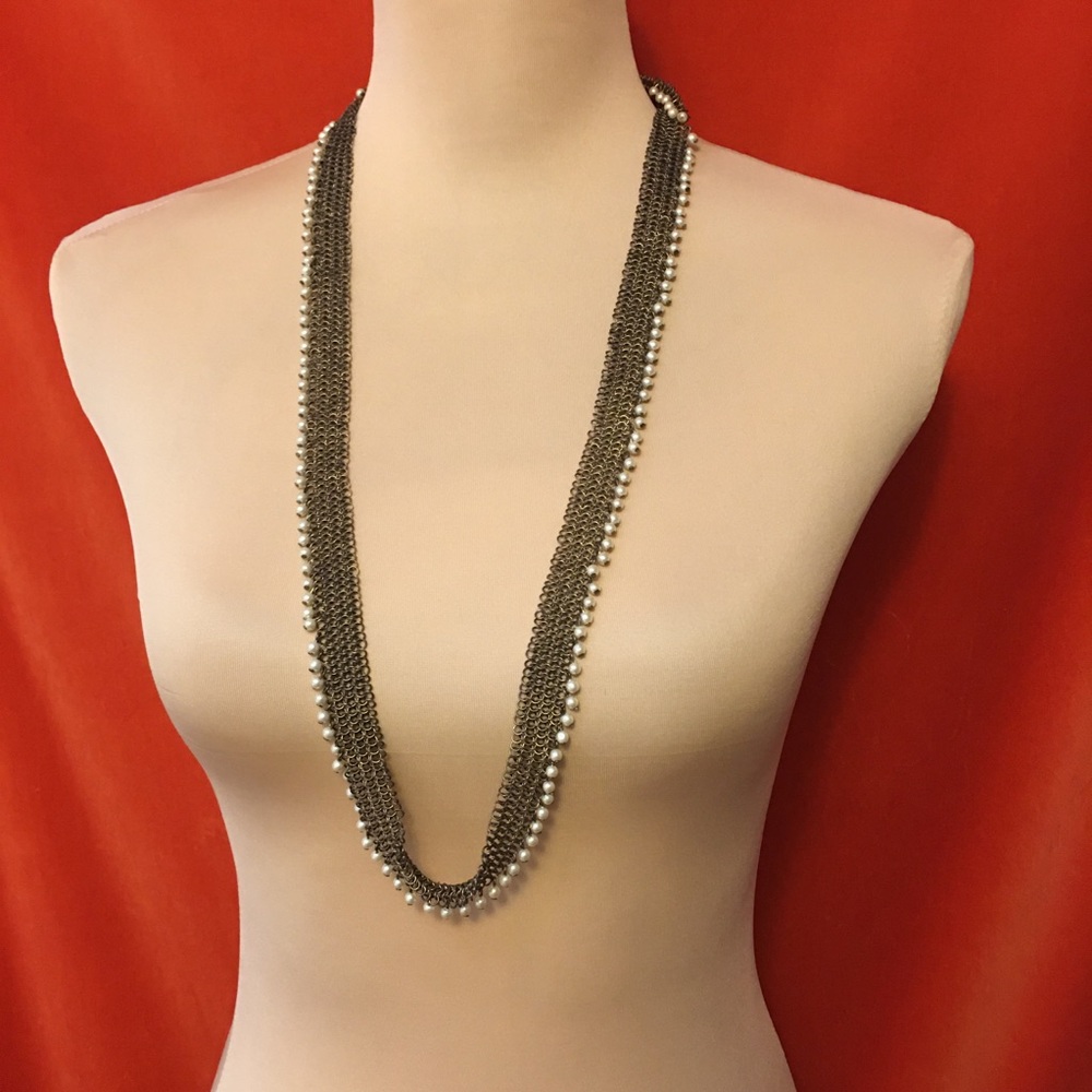 J. Crew brass metal chain necklace faux pearl trim